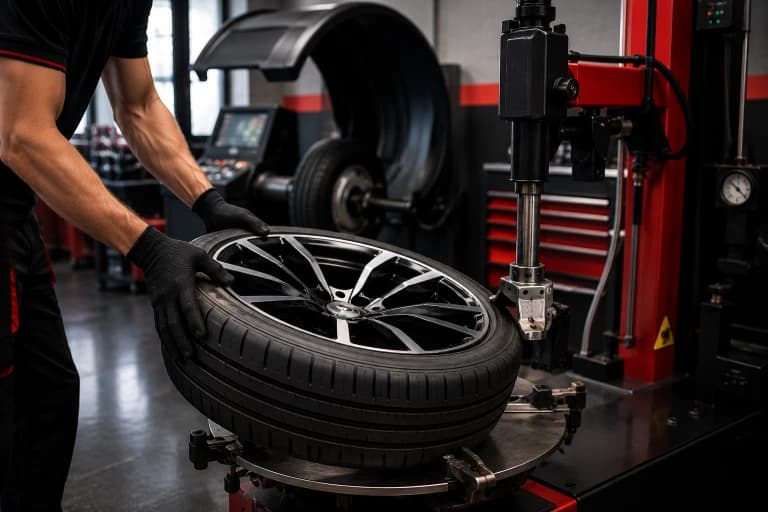 Technician performing mobile tyre puncture repair
