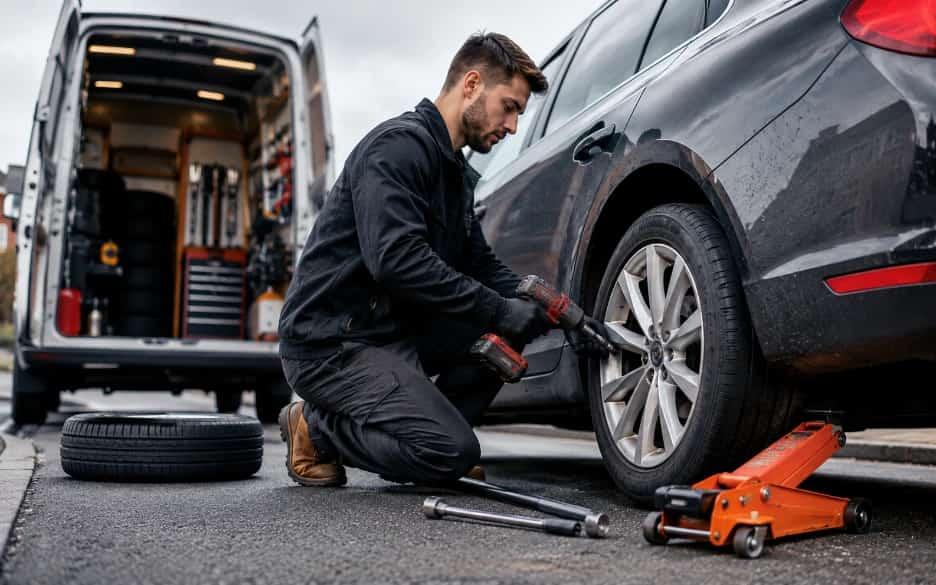Professional mobile tyre fitting technician at work in Watford